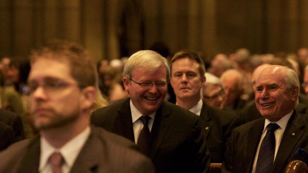 Former prime ministers Kevin Rudd and John Howard were among those at yesterday's funeral for Lionel Bowen.