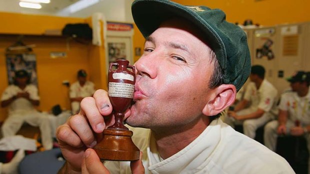 Ricky Ponting kisses a replica Ashes Urn in the changing rooms after day five of the third Test against England in 2006, the last time the Australia won the Ashes.