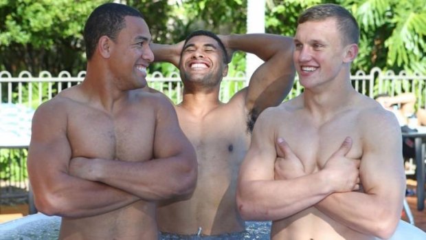 Jack Wighton, right, enjoys a laugh in NSW camp with Will Hopoate, left, and Michael Jennings on Thursday.