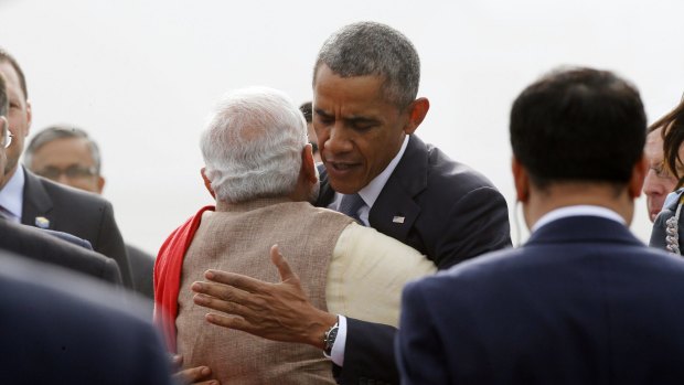 Indian Prime Minister Narendra Modi greets President Barack Obama.