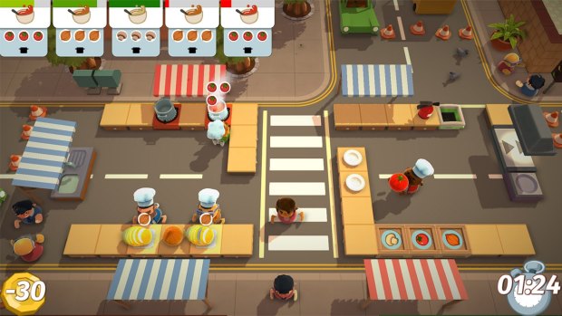 An early level in <i>Overcooked</i> sees you dodging pedestrians to cook soup.