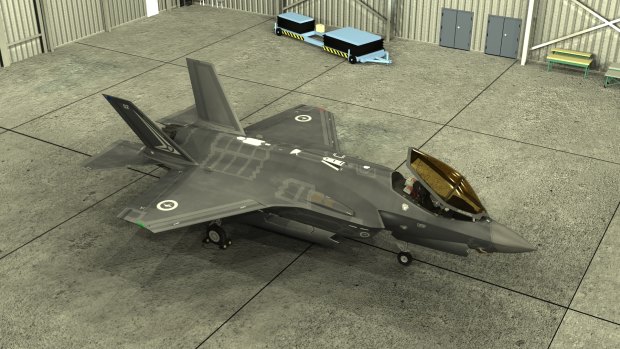 A virtual rendering of the F35 Joint Strike Fighter from KBR's Canberra branch. Software engineers have created a virtual reality simulation allowing mechanics and engineers to view and work on the JSF without actually touching.
