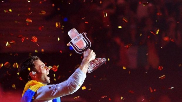 Eurovision winner Mans Zelmerloew celebrates his victory. 