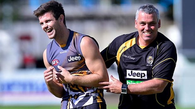 Mark Williams hams it up with Trent Cotchin at Punt Road.