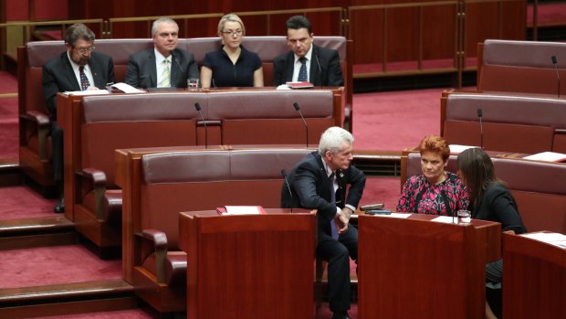 Senate crossbenchers Derryn Hinch, Stirling Griff, Skye Kakoschke-Moore and Nick Xenophon with Malcolm Roberts, Pauline Hanson and Jacqui Lambie.