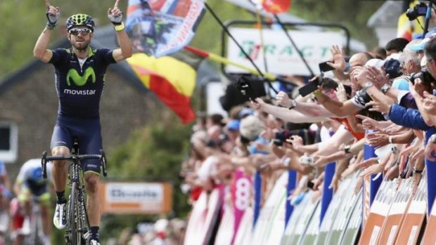 Alejandro Valverde celebrates victory in the Fleche Wallone classic.