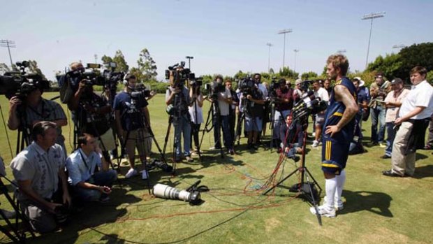 David Beckham talks to reporters after his first practice session with LA Galaxy after returning from an Achilles in jury.
