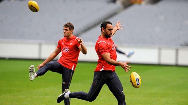 Adam Goodes, who will play his 300th game tomorrow, trains at the MCG yesterday.