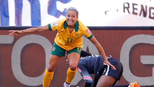 On target: Kyah Simon of Australia reacts after scoring her second goal against Nigeria. 