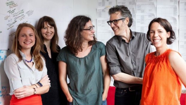 The <i>Serial</i> staff, from left: Dana Chivvis, Emily Condon, Sarah Koenig, Ira Glass and Julie Snyder