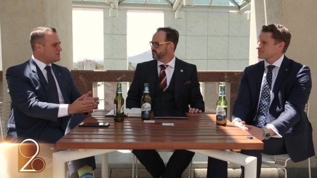 Liberal MPs Tim Wilson (left) and Andrew Hastie (right) debated marriage equality a segment while drinking Coopers Light.