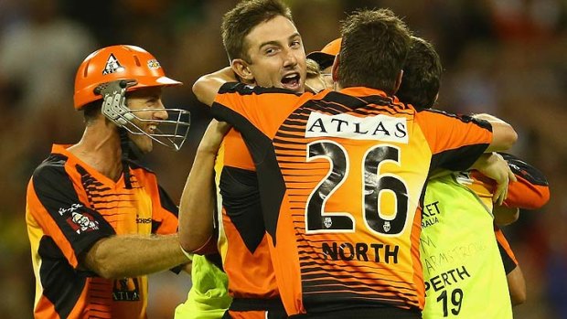 The Perth Scorchers celebrate their dramatic win over the Melbourne Stars on Wednesday night.