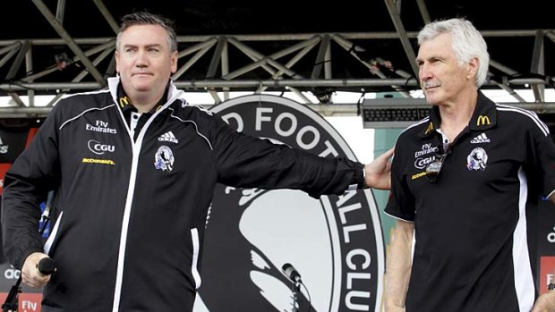 Collingwood President Eddie McGuire thanks outgoing coach Mick Malthouse the day after Collingwood was defeated in the 2011 grand final.