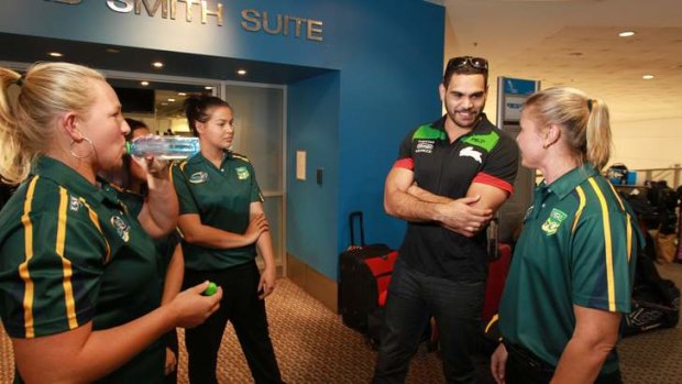 Lucky charm: Greg Inglis farewelled the Jillaroos before they flew out to England, where they won the world cup overnight with a 22-12 win over New Zealand.