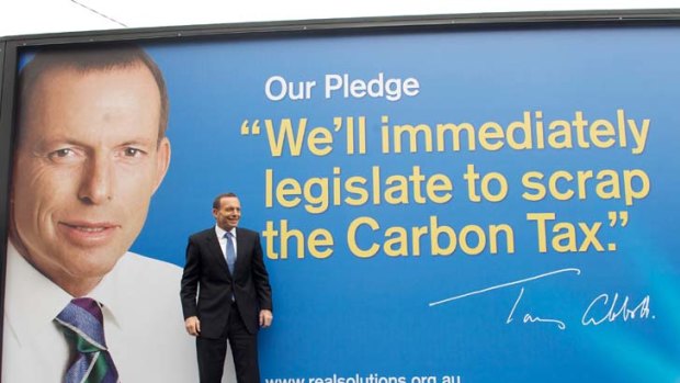 Taking the message to the people &#8230; the Opposition Leader, Tony Abbott, with a mobile billboard. Mr Abbott has said the next election will be a referendum on the carbon tax.