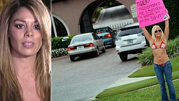 Top: Jamie Grubbs, the woman who says she had an affair with Woods, and radio personality Meredith Walusek holding a sign outside one of Woods' homes. Bottom: the magazine covers and  Jesper Parnevik.