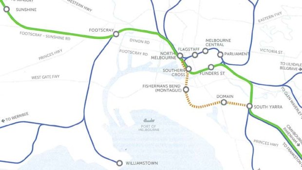 The blue line shows the existing rail lines; the orange line the Melbourne Rail Link -Tunnel; and the green the Melbourne Rail Link-Airport Rail Link that continues to Melbourne Airport.