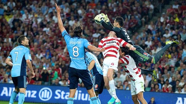 Sydney FC keeper Vedran Janjetovic pulls off a spectacular save during the game against the Western Sydney Wanderers on Saturday.
