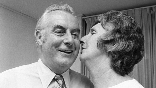 Triumphant ... Margaret Whitlam with her husband at his 1972 poll victory.
