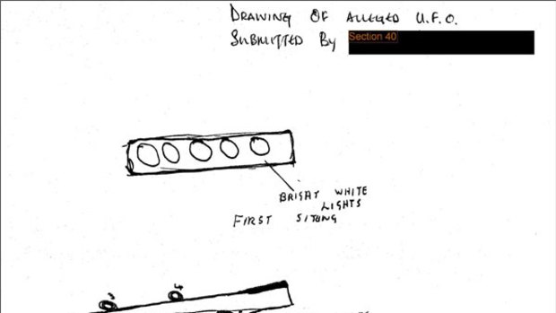 This sketch, complete with blacked out witness name, was among 19 files of reported UFO sightings released by Britain's National Archives.