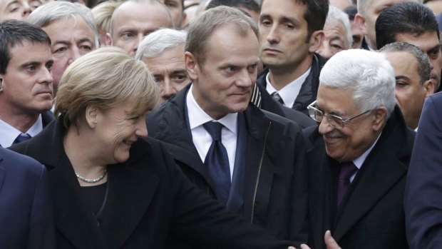 Germany's Chancellor Angela Merkel, European Council President Donald Tusk and Palestinian President Mahmoud Abbas.