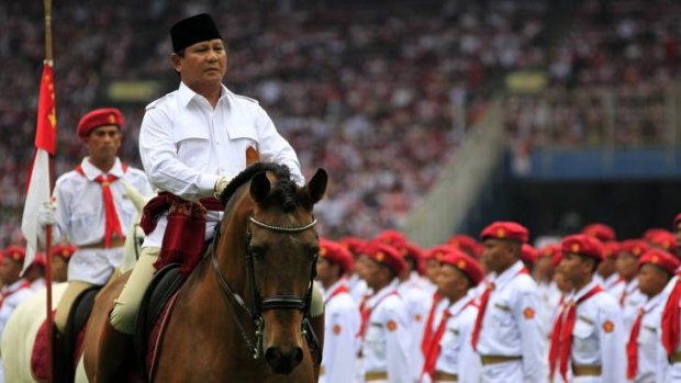 Defeated candidate Prabowo Subianto at an election rally in March.