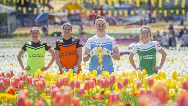 Canberra United players  Nicole Begg, Lydia Williams, Melissa Maizels and Grace Maher launch their W-League season at Floriade on Thursday.

