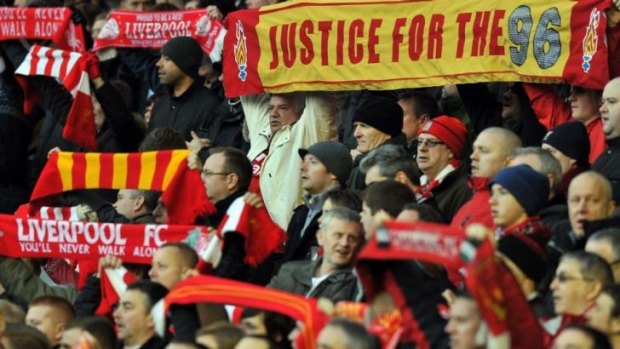 In 2012, Liverpool fans hold up a banner calling for "Justice for the 96", referring to the 96 people who died during the 1989 Hillsborough disaster. 