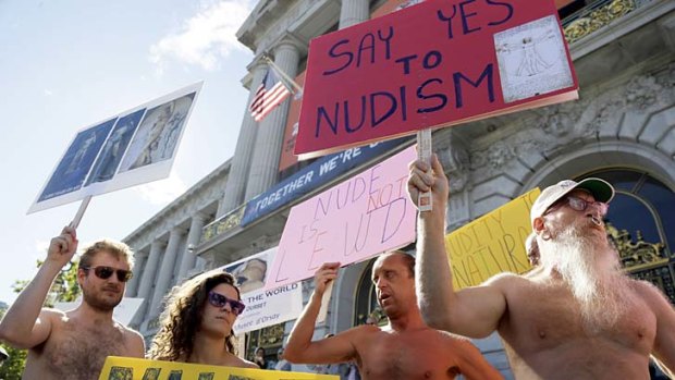 Baring all ... demonstrators gather outside of City Hall in San Francisco in protest of the proposed nudity ban.