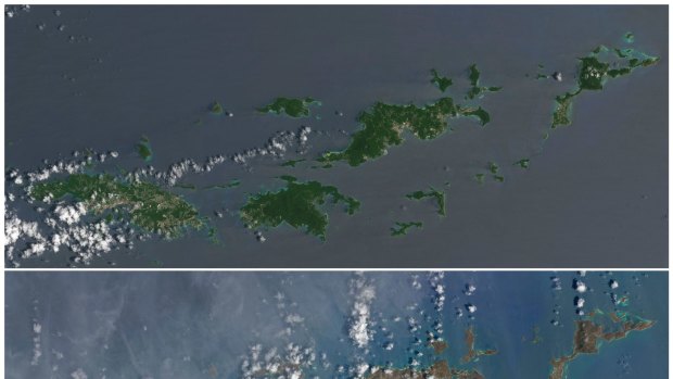 The US and British Virgin Islands islands before, top, the passage of Hurricane Irma, and after the storm passed.