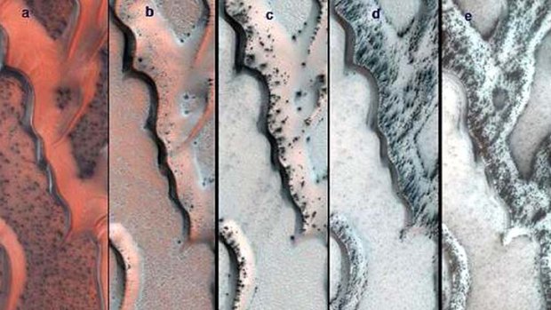 HiRISE images of sand dunes in the north polar region of Mars.