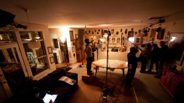 Rolf de Heer on set at his former Adelaide home with cast and crew filming <i>The King is Dead!</i>.