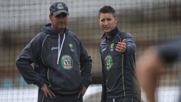 Mountain to climb: Michael Clarke and Mickey Arthur during practice at The Oval on Friday.