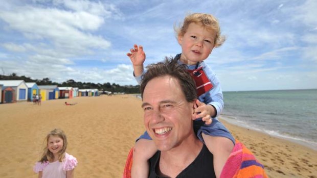 Federal MP Greg Hunt with his kids Poppy and James, at Mt Martha beach.