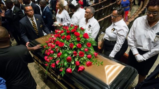 The casket of slain 18-year-old Michael Brown at the funeral service.