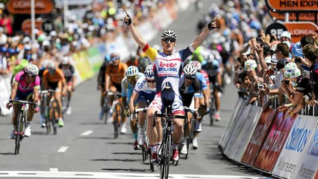Victory salute ... Andre Greipel of Germany celebrates the stage win.
