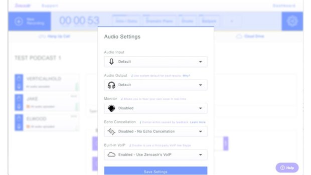 Before you start recording, the Zencastr dashboard lets you select your audio device and change other settings.