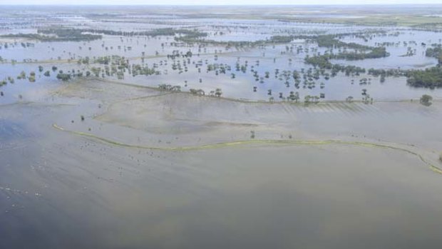 Flooding around the farming township of Benjeroop, near Swan Hill.
