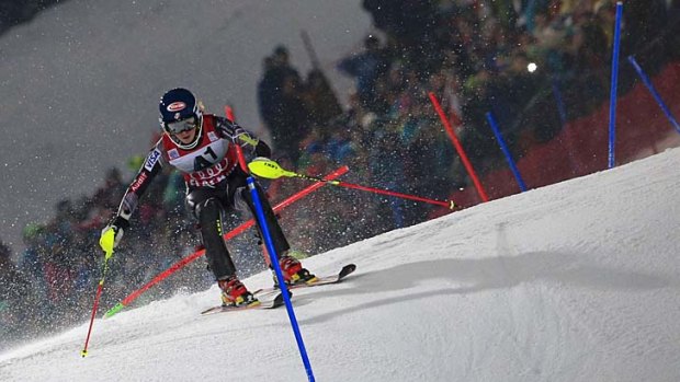 Mikaela Shiffrin of the US competes in the slalom of the FIS Ski World Cup in Flachau, Austria, on Tuesday.