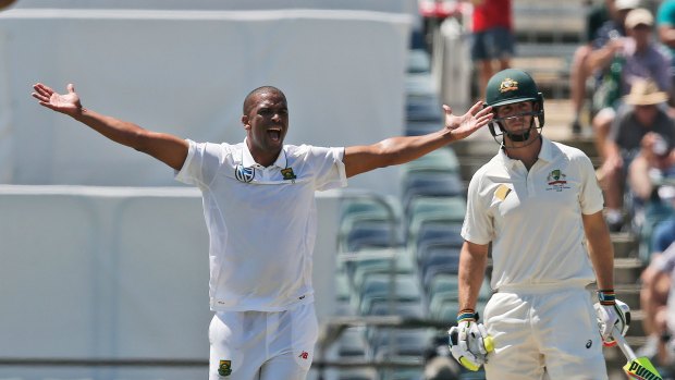 South Africa's bowler Vernon Philander, left, appeals for the wicket of Australia's Mitchell Marsh.