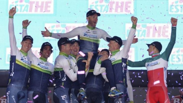 Strong start: Orica-GreenEDGE riders let off steam after winning the first stage of the Giro d’Italia.