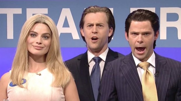 Family Feud's team Trump: Margot Robbie as Ivanka Trump, with SNL faithfuls playing her brothers Donald jnr (far right) and Eric.