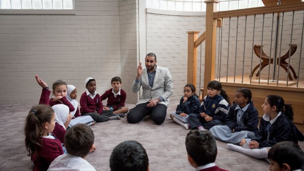 Imam Alaa El Zokm teaching an Islamic studies class at the Australian International Academy in Coburg North. “I teach them that God loves them,” he says, “rather than saying, ‘If you do this you will go to hell’. They are little bodies who want to enjoy life.”