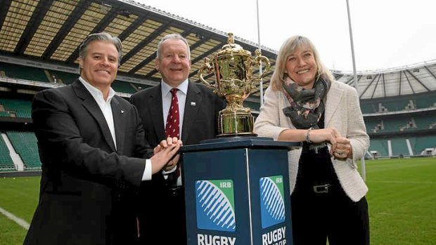 World Cup launch: (L-R) Brett Gosper, the IRB chief executive, Bill Beaumont, the RFU Chairman and Debbie Jevans.