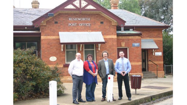 Dare to dream: Brad Moyle and Kerrie Raglus, of Rushworth College, and Paul Jarman and Daniel Strachan, of the Shire of Campaspe, have high hopes for Rushworth when the NBN is connected. While many businesses have closed, including the pub, locals believe high-speed internet can revolutionise the country Victorian town.