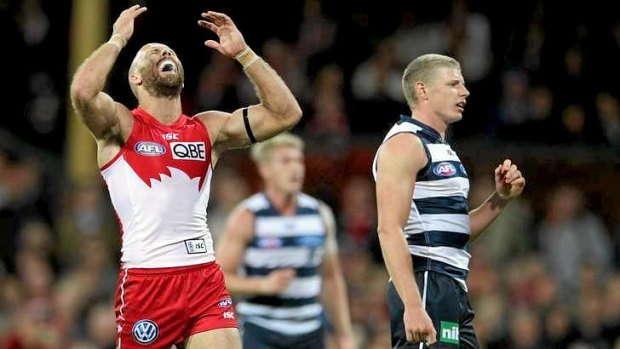 Off the pace: Jarrad McVeigh takes a deep breath after the Swans' 21-point loss to Geelong on Friday night.