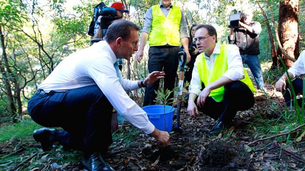 Green vision: Opposition Leader Tony Abbott with Shadow Minister for Environment Greg Hunt in Carss Bush Park, Sydney.