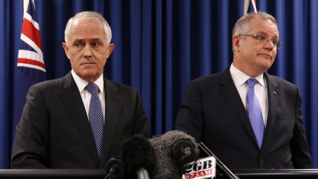 Prime Minister Malcolm Turnbull and Treasurer Scott Morrison during a press conference in Brisbane on Wednesday 1 June 2016. Photo: Andrew Meares