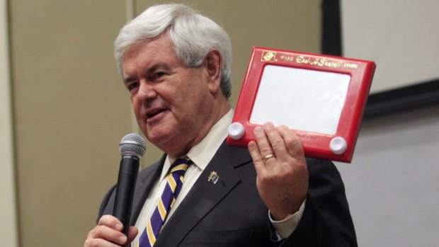 Newt Gingrich shows off his Etch A Sketch at a forum in Louisiana.