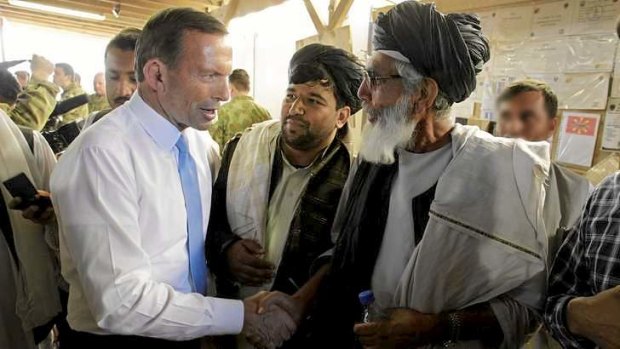 Prime Minister Tony Abbott and Opposition Leader Bill Shorten meet with Afghan leaders after attending the Recognition Ceremony in Tarin Kowt.